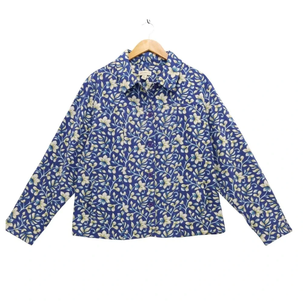 Appleseeds Womens XL Blue Floral Print Button Up Long‎ Sleeve Jacket